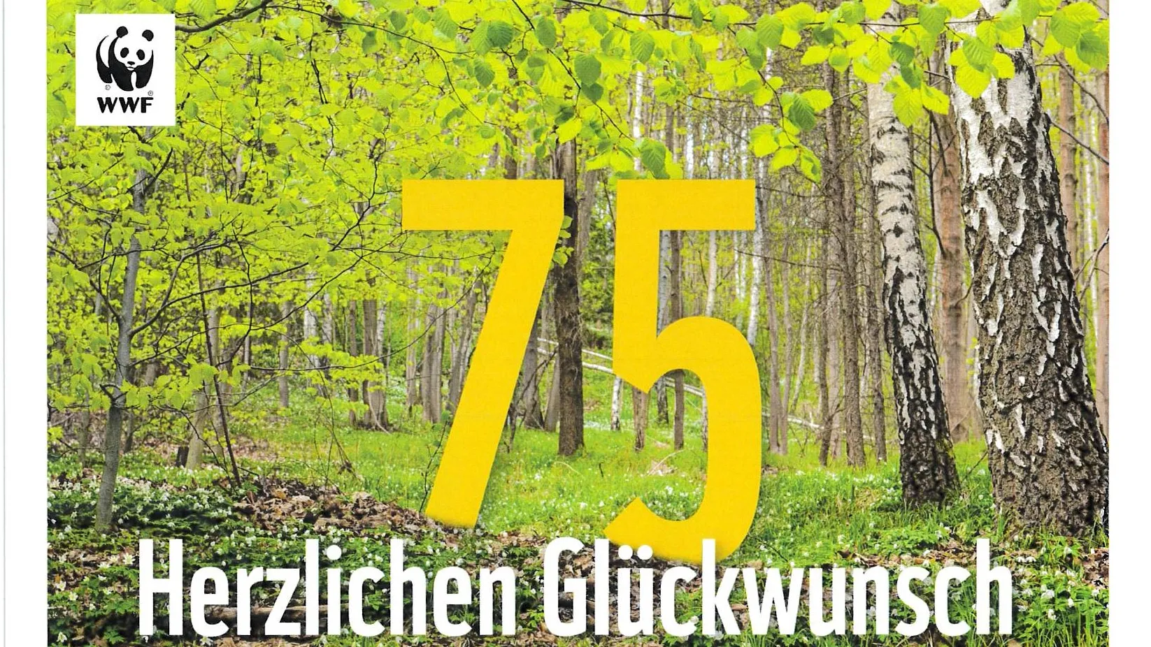 Glückwunschkarte mit dem Logo des WWF (Panda): eine große, gelbe 75 steht im frühlingshaften Birkenwald